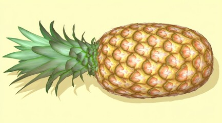 A whole pineapple, top view, light yellow background