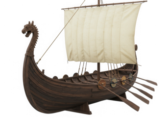 A wooden viking longship with a sail and dragon head is isolated on transparent background
