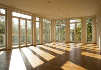 Obraz premium Sunlight streams through large windows illuminating a spacious modern room with hardwood floors