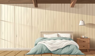 Peaceful bedroom with a bed with teal duvet and white pillows against a rustic wooden wall backdrop bathed in sunlight.