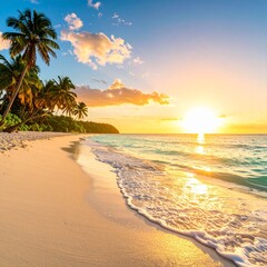 A breathtaking tropical beach with crystal-clear turquoise water, soft white sand, gentle waves, and palm trees swaying under a golden sunset, ultra-detailed and serene