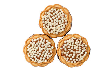 Three round cookies with filling on a white background. Cookies with waffle filling.