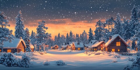 Snow-covered village of wooden cabins glows with warm lights under falling snow and mountain backdrop at twilight. Generative by AI.