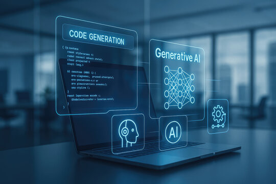 Generative AI Code Generation on Laptop Screen Blue Holographic Interface Neural Network Algorithm