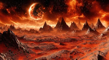 Fototapeten Fiery alien landscape with a crescent moon © hafizd