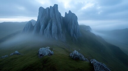 Misty mountain peak, pale rock formations, lush green valley