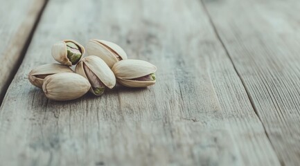Pistachios on a weathered wooden surface