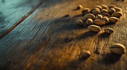 Pistachios scattered on a wooden table