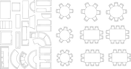 Top view office furniture layout, conference tables and chairs, architectural symbols, vector interior plan, meeting room floor plan elements

 flat vector illustration