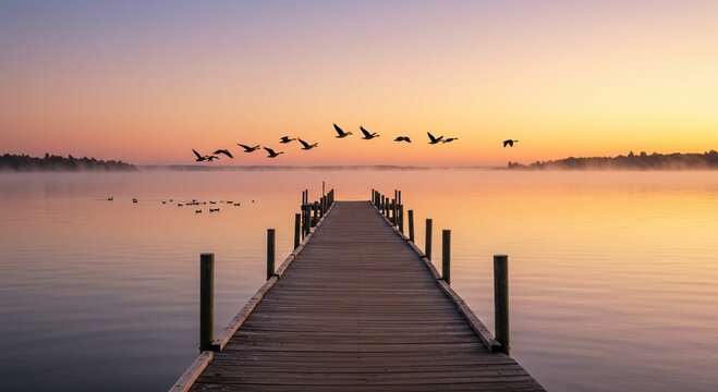 Sunrise over calm lake with wooden pier