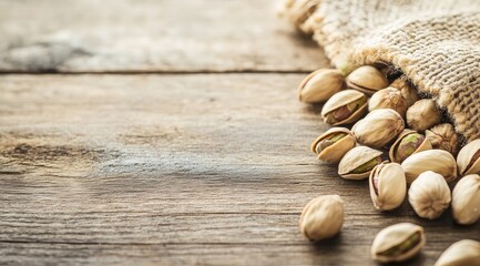 Pistachios spilling from burlap sack on rustic wood