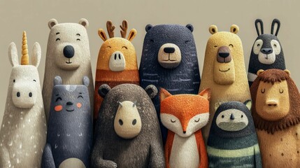 Obraz premium A group of stuffed animals, including bears, rabbits, and unicorns, are lined up together