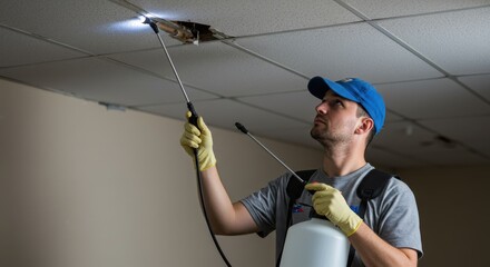 Professional worker disinfecting damaged ceiling indoor pest control professional maintenance