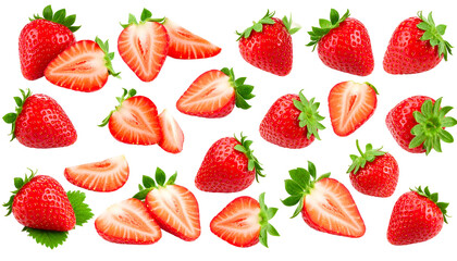 Assorted Fresh Strawberries: Whole, Halved, and Sliced with Vibrant Red Hue and Green Leaves
