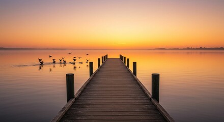 Naklejka premium Sunrise over lake pier scene