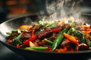 Steaming stir-fry dish in a wok, culinary delight