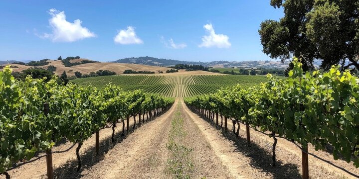 Rows of grapevines in symmetrical vineyard stretching toward mountains under partly cloudy sky during daylight. Generative by AI.
