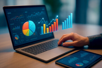 Laptop Screen Displaying Colorful 3D Charts and Graphs Businessman Hand Using Laptop and Tablet Data Analysis Financial Report