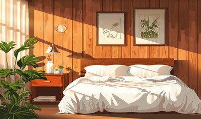 Minimalist bedroom with wooden walls, a white bed, and plants bathed in morning sunlight.