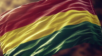 National flag billowing in the wind, three horizontal bands of red, yellow, and green