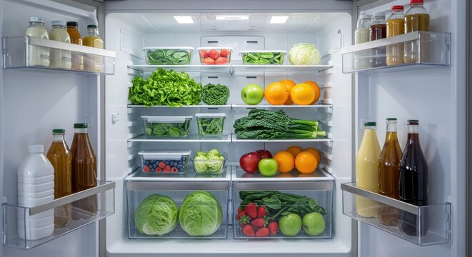 Refrigerator interior displaying a wide variety of fresh fruits vegetables and beverages neatly organized on shelves showcasing health nutrition and culinary concepts in a bright clean setting