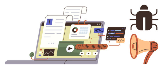Laptop screen showing media files, scripts, graphs, and code blocks. Nearby elements include a bug and a megaphone. Ideal for coding, content creation, debugging, file sharing development feedback