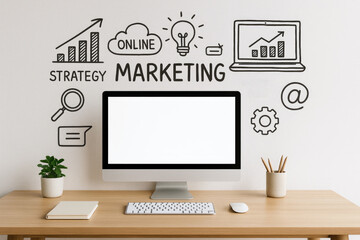 Light Wood Desk with Computer Keyboard Mouse Blank Screen and Online Marketing Strategy Graphics on White Wall