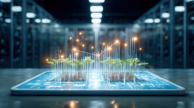 Tablet device with illuminated blue interface showcasing vibrant young green plants growing from soil, digital glowing lines forming graph-like structure, server room background.