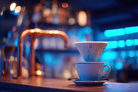 A pour-over coffee dripper sits atop a cup and saucer on a dimly lit bar counter, copper tap and blue-lit shelves blurred in background