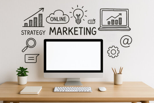 Light Wood Desk with Computer Keyboard Mouse Blank Screen and Online Marketing Strategy Graphics on White Wall - Powered by Adobe