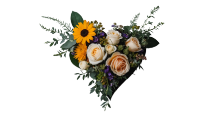 Heart shaped floral arrangement with roses and sunflower on black background