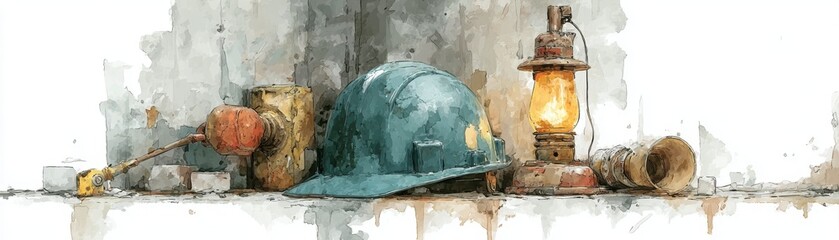 A watercolor-style image of a miner's helmet, lantern, and tools resting on a rough concrete surface against a weathered wall.
