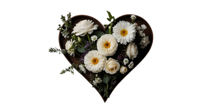 Elegant white roses and daisies arranged in a heart shaped wooden bowl