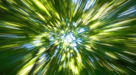 Obraz premium Upward view of vibrant green trees. Sun bursts through foliage