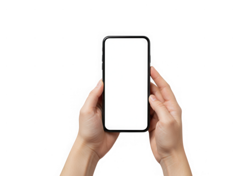 Hands holding a smartphone with a blank screen, isolated on transparent background