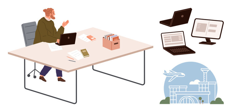 Man working at desk with laptop, documents, and office supplies. Extra elements laptops, screens, and airport scene. Ideal for business, travel, remote work productivity efficiency planning