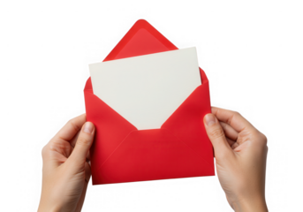 Hands holding a red envelope with a blank card, isolated on transparent background