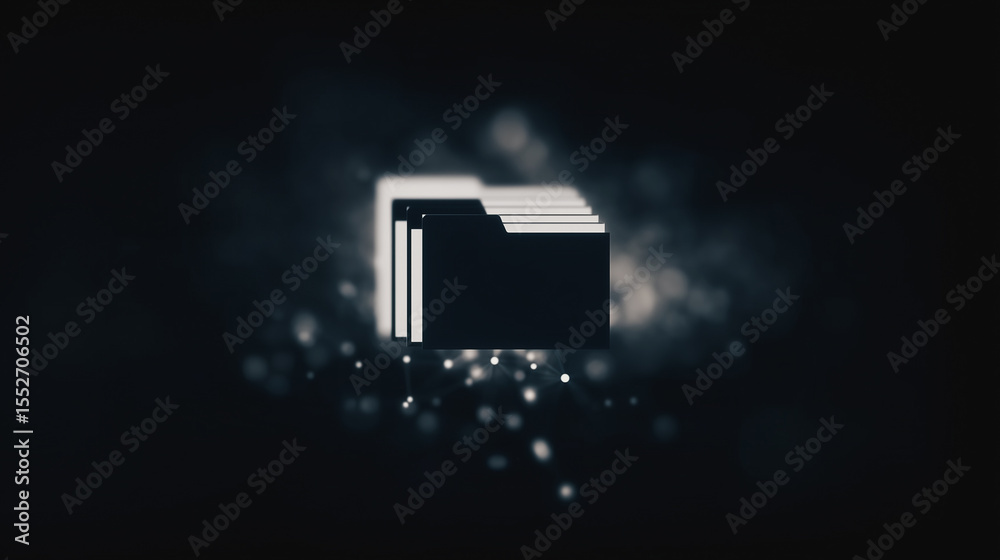 Poster data icon in a digital world: three-dimensional icon of a folder, radiating an aura of data and info