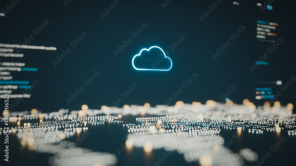 Poster cloud technology: a visual representation of the cloud, glowing with data streams, representing tech