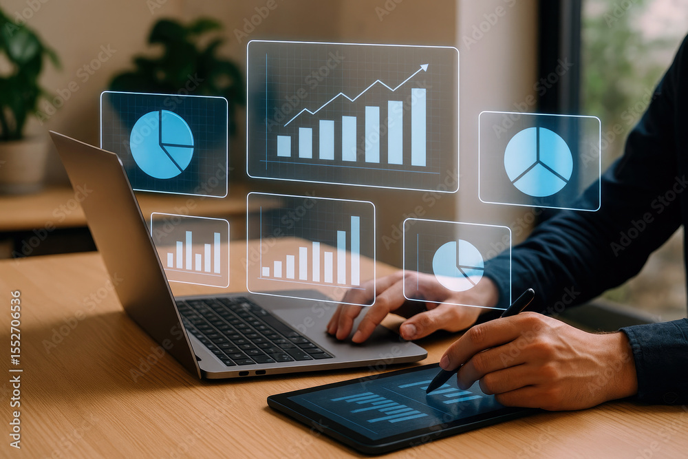 Poster person using laptop and tablet displaying digital charts graphs and data analytics light blue color 