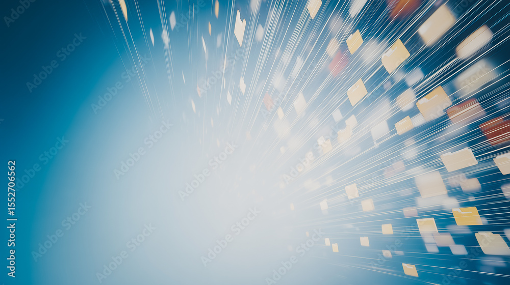 Poster digital burst: abstract image of data streams and digital particles radiating outwards, creating a d