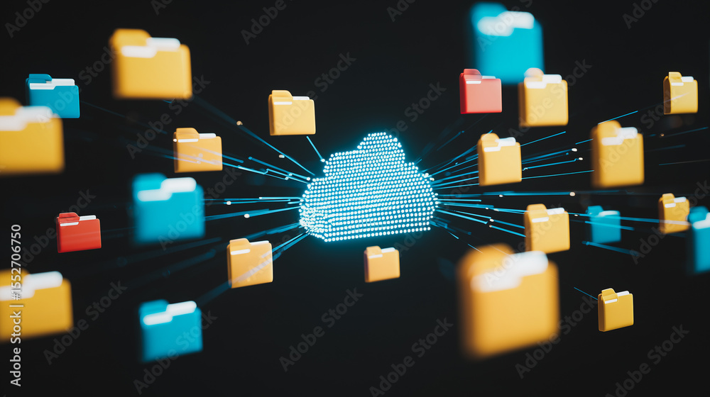Poster cloud data network: a visualization of interconnected data, with colorful folders linked to a digita