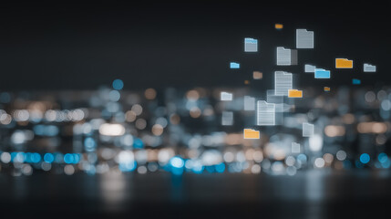 Digital Transformation: A mesmerizing nocturnal cityscape, dotted with shimmering lights, forms the backdrop for a collection of pixelated digital data.