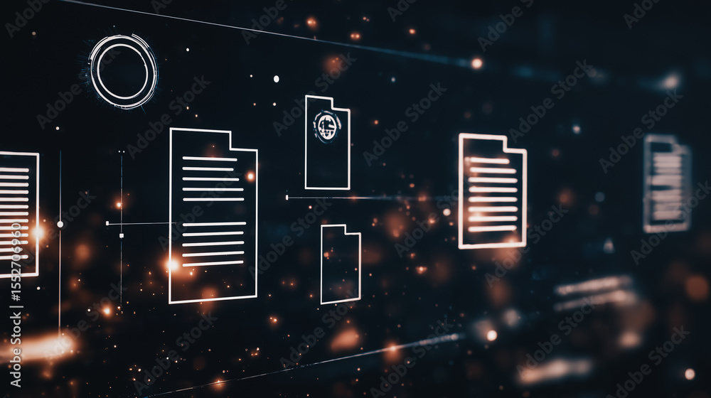 Poster data flow visualization: an ethereal view of interconnected data points, symbolized by documents, fo