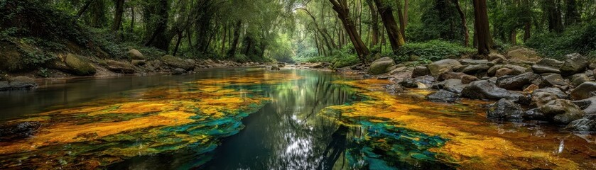 Fototapeta premium A serene river flows through a lush forest with colorful underwater plants, surrounded by dense greenery and rocky riverbanks.