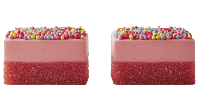 Two pink treats with colorful sprinkles on black background