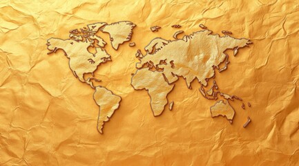 Golden world map on wrinkled paper