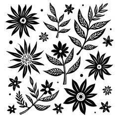 Floral pattern with stylized flowers and branches in black and white vector design