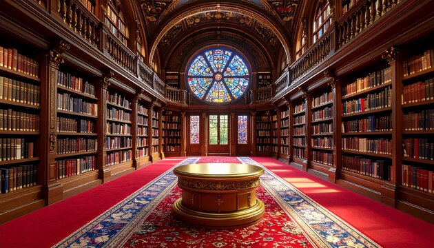 Grand library with red carpet and stainedglass window