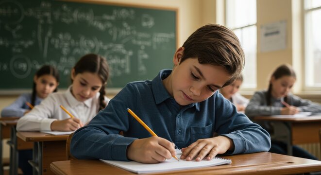 School children focused on learning activity in classroom